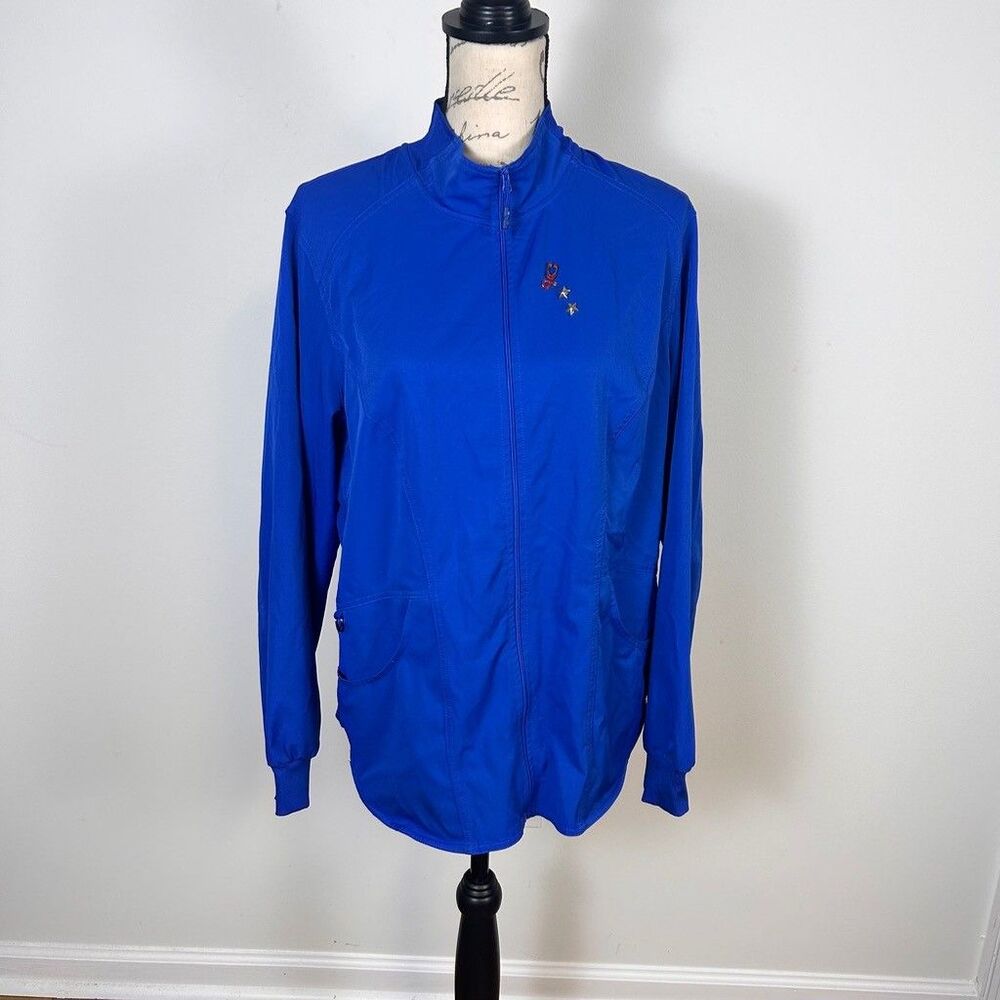 Ava Therese by Zavate Women L Royal Blue Full Zip Scrub Jacket Stethoscope Pins